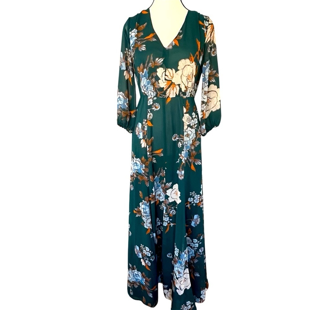 Eva Mendes Green Floral Maxi Dress Balloon Sleeves Empire Waist Woman’s Size XS